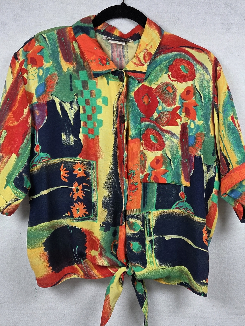 Saint Germain Paris Vintage Abstract Floral Art Shirt Medium Rayon Tie Front